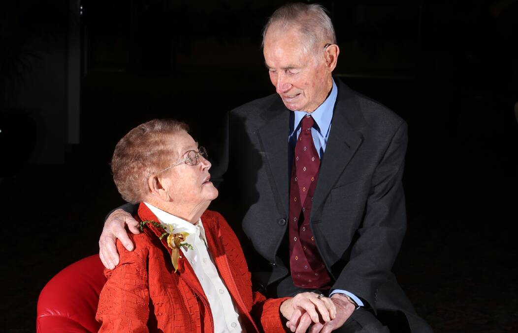 Platinum pair: Nellie and Mervyn Barton marked their 70th wedding anniversary at Albury's Commercial Club on Tuesday. Picture: ELENOR TEDENBORG 