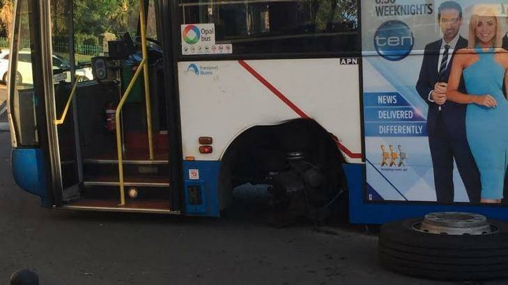 The wheel fell off the bus at the intersection of Darling Street and Curtis Road in Balmain. Photo: Craig Lewis