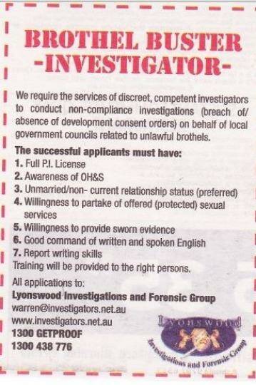 Brothel Busters, known formally as Lyonswood investigations and Forensic Group, advertised a vacancy for an investigator in MyCareer.