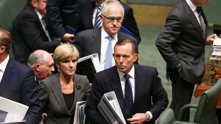 Foreign Affairs Minister Julie Bishop, Prime Minister Tony Abbott and Communications Minister Malcolm Turnbull on Tuesday. Photo: Alex Ellinghausen