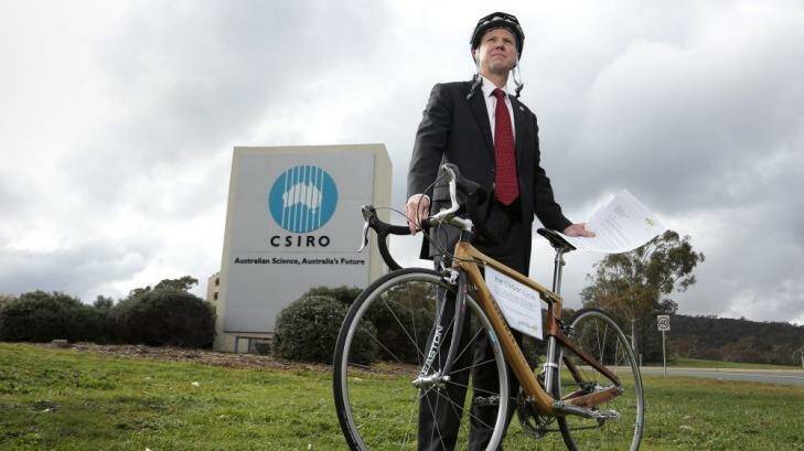 Australian Forest Products Association chief executive Ross Hampton on his timber bike campaign. Photo: Jeffrey Chan