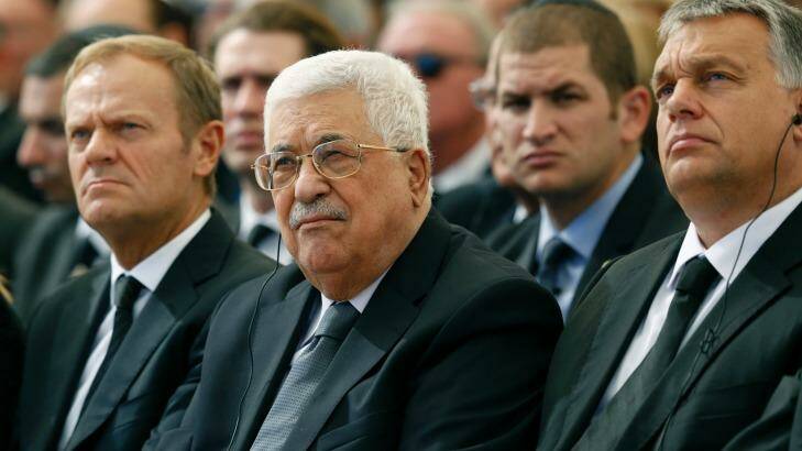 Palestinian President Mahmoud Abbas, center, sits alongside European Council President Donald Tusk. Photo: ABIR SULTAN