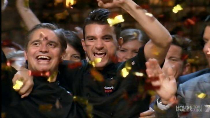 British expats and NSW representatives Will and Steve celebrate winning the grand final of My Kitchen Rules. Photo: Network Seven