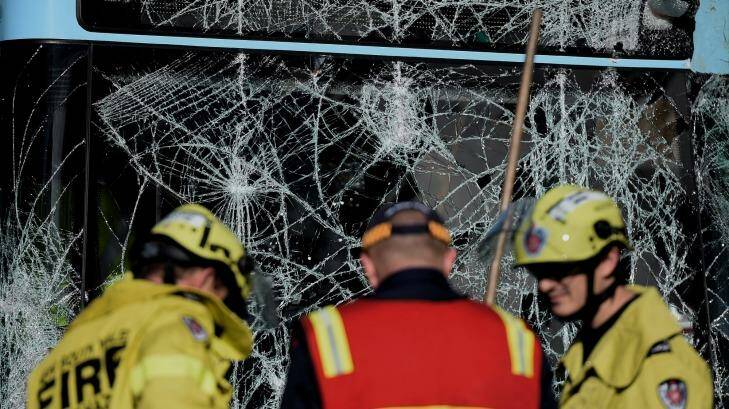 The windscreen of the bus was smashed in the crash at Cammeray. Photo: Kate Geraghty