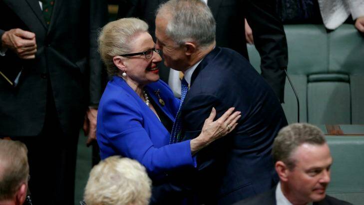Former Speaker Bronwyn Bishop congratulated by Prime Minister Malcolm Turnbull after delivering her valedictory at Parliament House in Canberra on Wednesday. Photo: Alex Ellinghausen Photo: Alex Ellinghausen