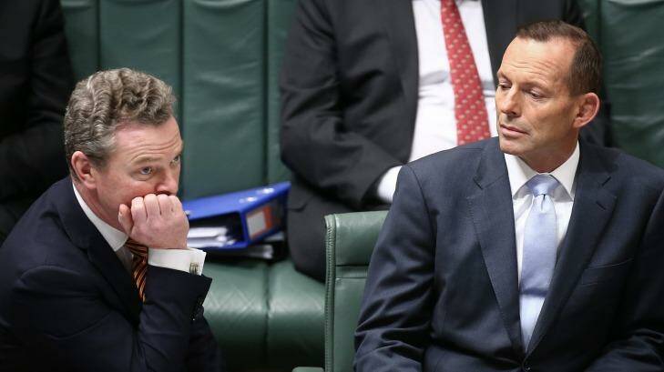 Christopher Pyne and Tony Abbott during question time at Parliament House. Photo: Alex Ellinghausen
