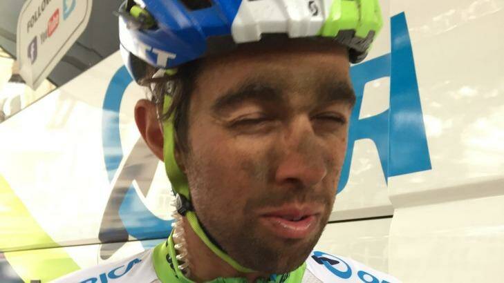 Battling on ... Michael Matthews did not suffer any broken bones in the massive pile-up during stage three of the Tour but he was badly bruised as cyclists ran over him. Photo: Rupert Guinness