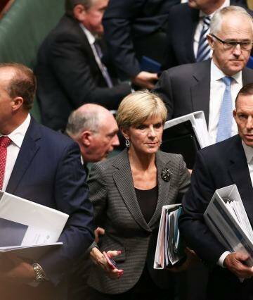 Foreign Affairs Minister Julie Bishop, Prime Minister Tony Abbott and Communications Minister Malcolm Turnbull on Tuesday. Photo: Alex Ellinghausen