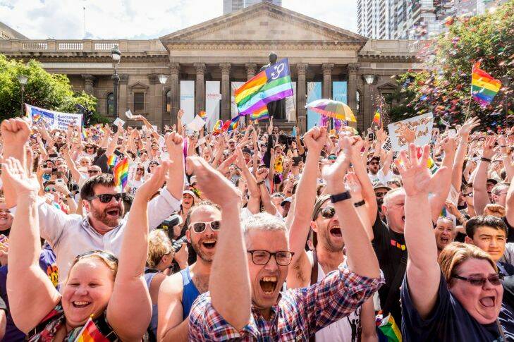 15/11/17 SEXPOL Thousands of Melbournians turned out to celebrate the Yes vote in the Same Sex survey at the State Library, Melbourne. Photograph by Chris Hopkins