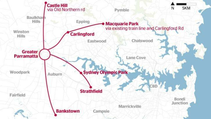Connections: The four possible light rail routes around Parramatta to be considered by the state government.
