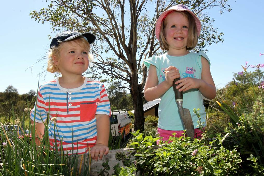 Oliver Halkyard 2 & Hannah Nicholsons 4 in the garden for story about Macarthur Centre for Sustainable Living running an interactive tent at the Camden Show for kids to learn about gardening, composting & worm farms. Picture: Jonathan Ng