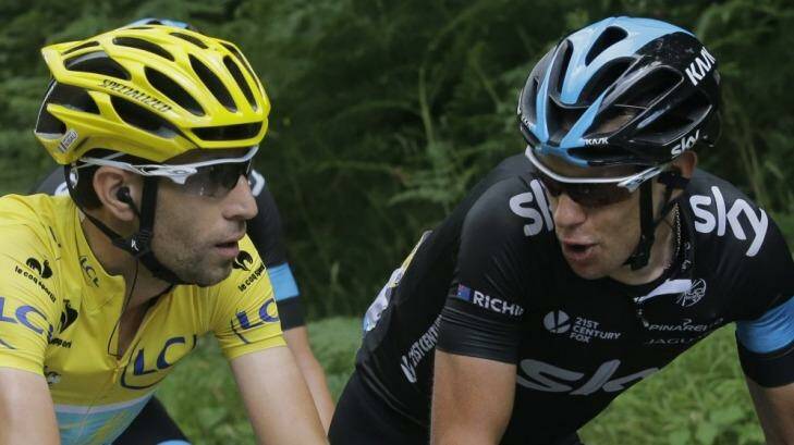 Richie Porte (right) chats with Vincenzo Nibali during stage nine of the Tour de France.