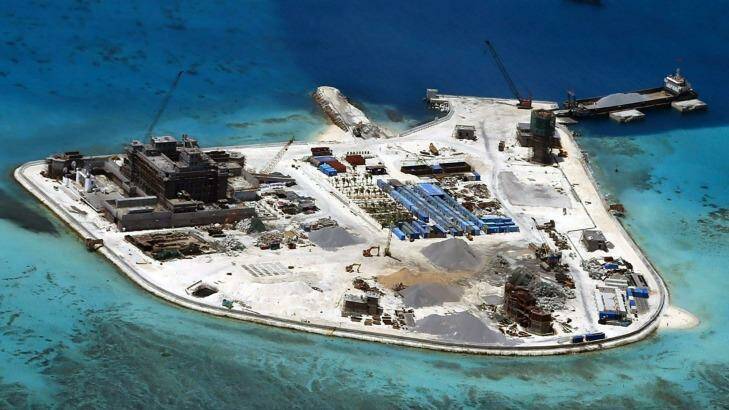 A Chinese base under construction in the South China Sea.   Photo: New York Times