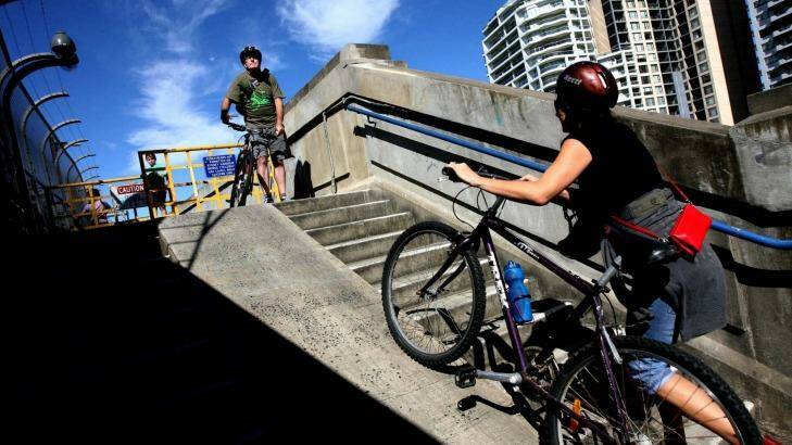 Cyclists on the steps leading up to the Harbour Bridge.  Photo: Dean Sewell