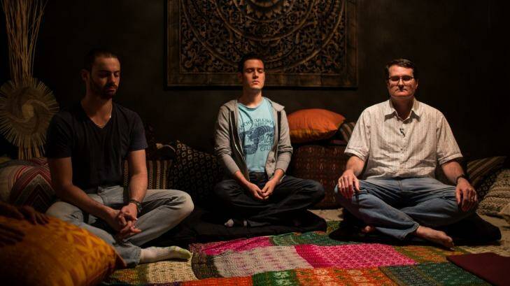 Alex lancovici, Diego Montejo and James Worsley in a group meditation at Google's offices.  Photo: Edwina Pickles