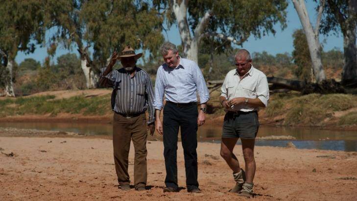 From left: traditional land owner Bruce Breaden, former environment minister Tony Burke, and former RM Williams Agricultural Holdings managing director David Pearse. Photo: Parks Australia
