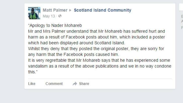 A screenshot of Matt Palmer's apology on the Scotland Island Community Facebook page. Photo: Supplied