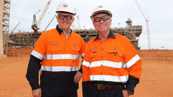 Malcolm Turnbull and Colin Barnett on Barrow Island on Monday for a tour of the LNG project. Photo: Ray Strange