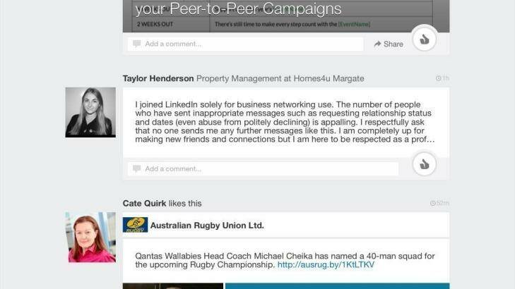 Taylor Henderson was fed up with receiving inappropriately personal messages on business network LinkedIn. Photo: Supplied