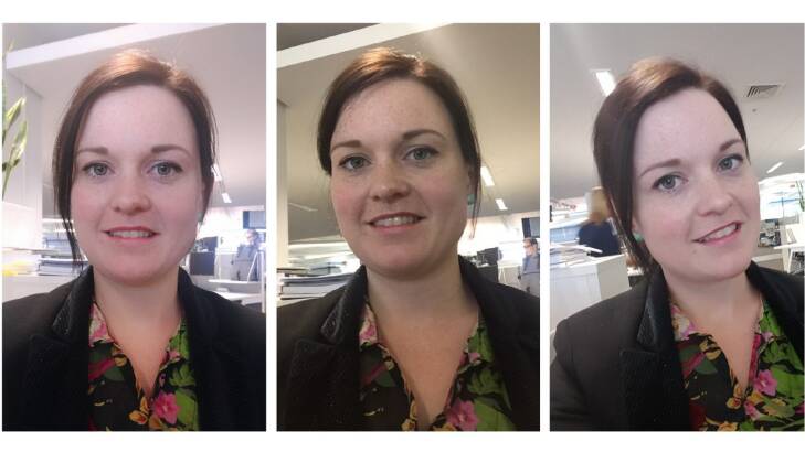 The One M9's front-facing (selfie) camera, left, lacks the definition and tone of rivals iPhone 6, centre, and Samsung Galaxy S6, right. Photo: Hannah Francis