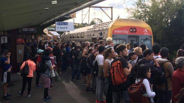 This photo posted in Facebook in May shows a crowd of people at Katoomba Station waiting for a train on Sunday afternoon. Photo: Facebook/Geoff Bennett