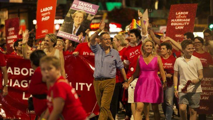 Mr Shorten with wife Chloe at the 2016 Gay and Lesbian Mardi Gras in March.  Photo: James Brickwood