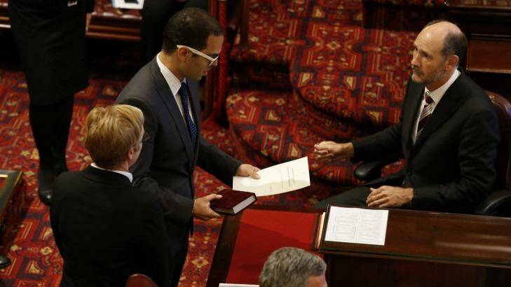 Newly appointed Upper House MP Daniel Mookhey is the first MP to be sworn into an Australian Parliament on
the Hindu religious text The Bhagavad Gita. Photo: Pete Rae