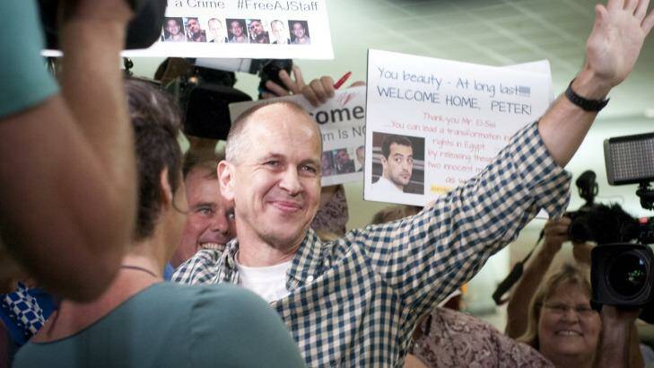 Peter Greste greets supporters on his return to Brisbane.  Photo: Robert Shakespeare/Getty Images