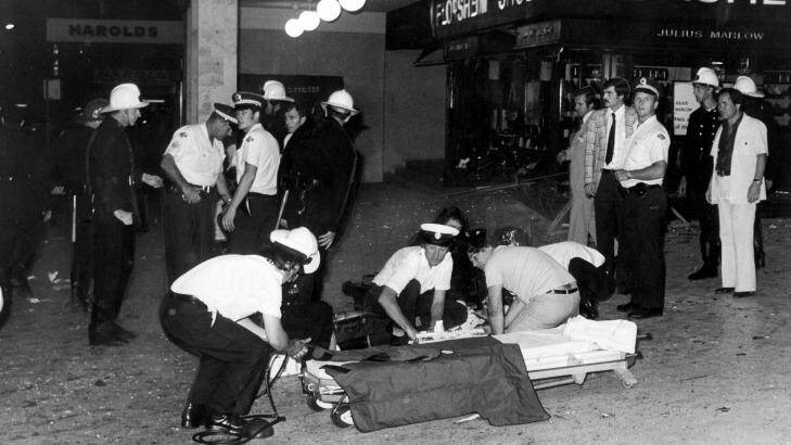 Emergency crews at the scene of the Sydney Hilton bombing in 1978.
