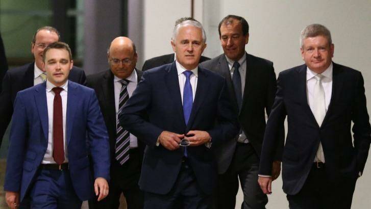 Malcolm Turnbull and his key supporters arrive for the leadership ballot last Monday. Photo: Andrew Meares