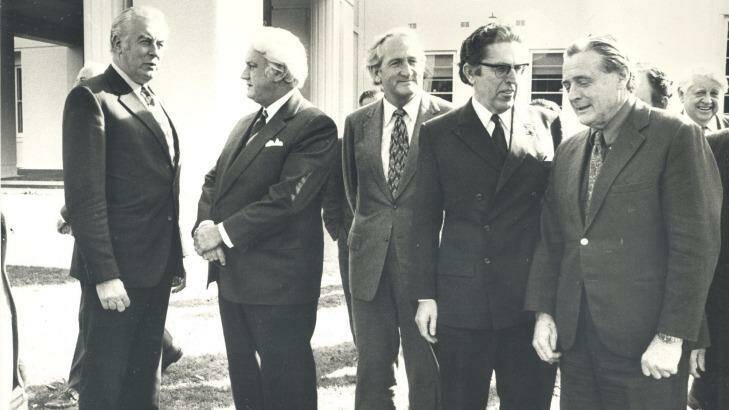 From left, Gough Whitlam, Sir John Kerr, Tom Uren, Kep Enderby and Jim Cairns at Government House. Photo: Fairfax Library