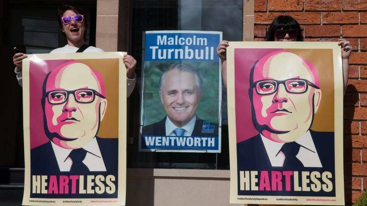Artists outside Prime Minister Malcolm Turnbull's Edgecliff office will be happy George Brandis is no longer the Arts Minister.  Photo: Janie Barrett