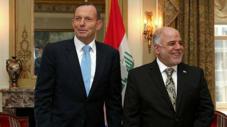 Prime Minister Tony Abbott discussed Australia's willingness to help defeat Islamic State during a meeting with Prime Minister of Iraq, Haider al-Abadi in New York. Photo: Alex Ellinghausen