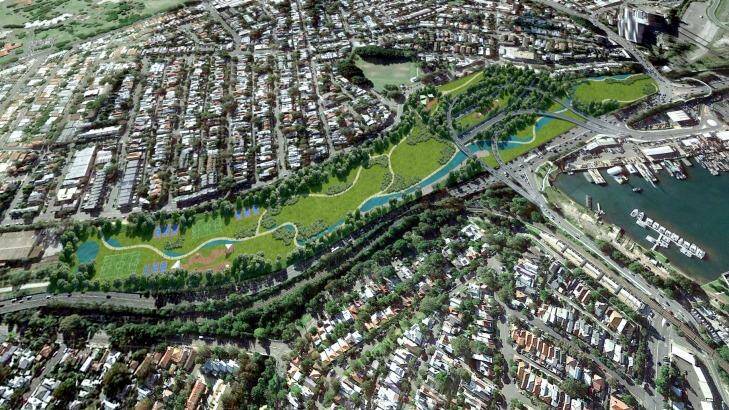 An artist's impression of the parkland planned to cover the existing Rozelle Rail Yards, under which a motorway interchange will be built. Photo: Supplied