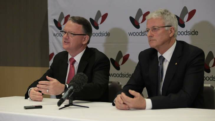 Woodside chief executive Peter Coleman and chairman Michael Chaney after the meeting in Perth on Friday. Photo: Phillip Gostellow