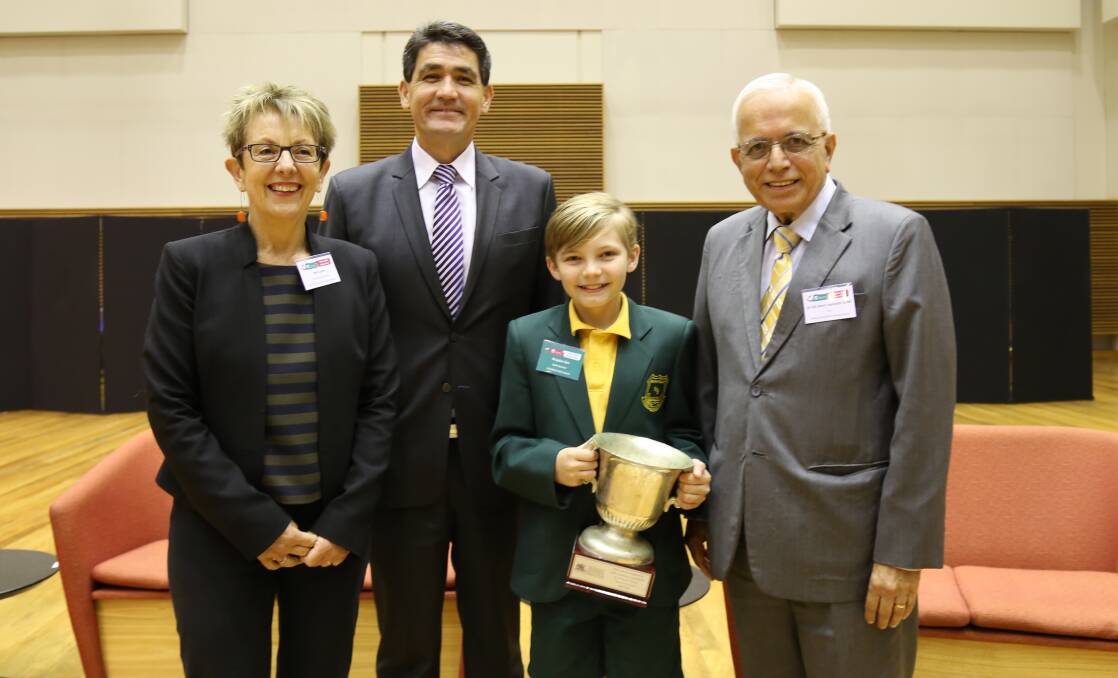 Strong message: Brayden Sim, 11, with NSW Department of Education Early Learning and Primary Education assistant director Nell Lynes, Parramatta MP Geoff Lee and Multicultural NSW Board chair Dr G K (Hari) Harinath. "It doesn't really matter what he gets up to talk about, he has a natural ability to hold the crowd," Schofields Public School principal Gregg Josey said.