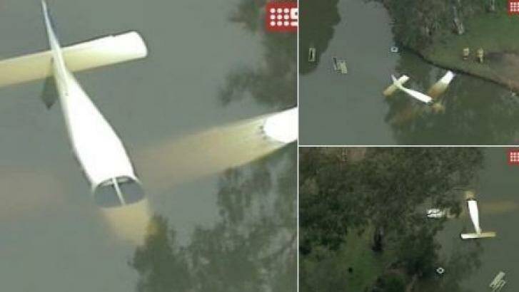 A light plane landed in a lake at Liverpool Golf Course on Thursday. Photo: Channel Nine
