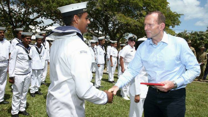 Prime Minister Tony Abbott greets navy cadets on Thursday Island on Tuesday.  Photo: Alex Ellinghausen