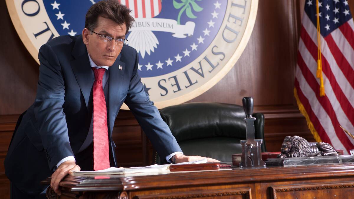 President Charlie Sheen (billed as Carlos Estevez), taking a leaf out of dad's West Wing.