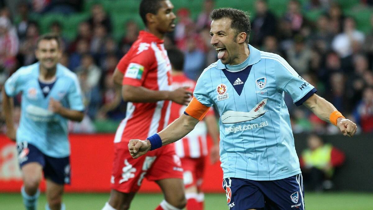 Alessandro Del Piero of Sydney celebrates after scoring a goal during the round six A-League match between the Melbourne Heart and Sydney FC. Photo: Getty Images.