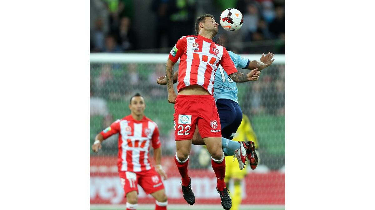  Nicholas Kalmar of the Heart heads the ball during the round six A-League match between the Melbourne Heart and Sydney FC. Photo: Getty Images.